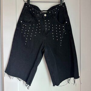 Black Denim and Studded Long Shorts